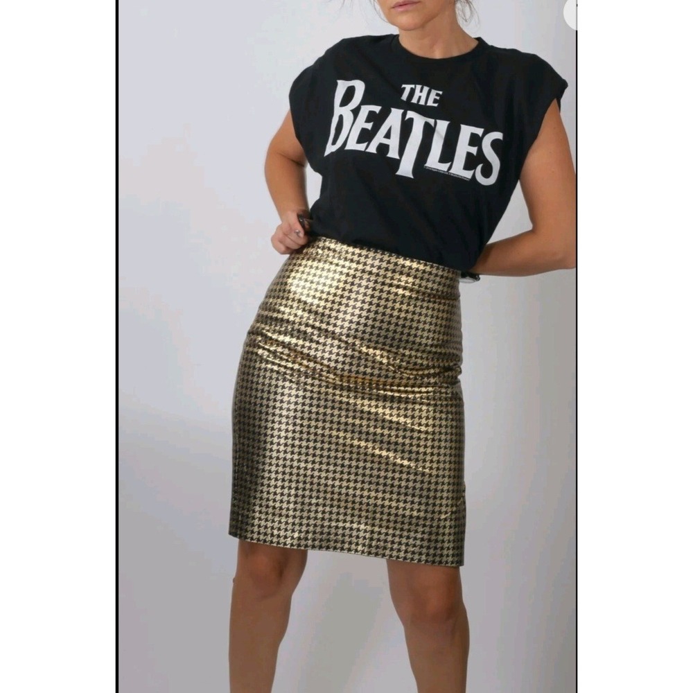 Ralph Lauren Black Label 6 Gold Metallic Leather Pencil Skirt Houndstooth Italy